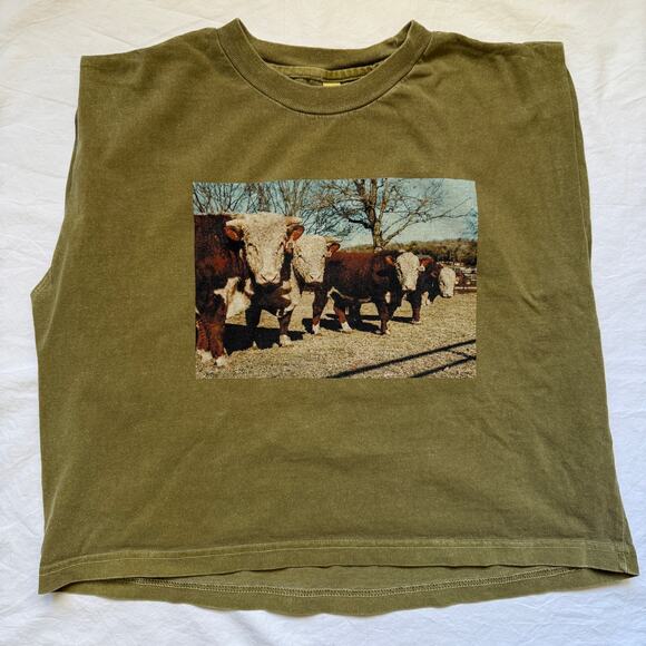 American Apparel boxy cap sleeve olive t shirt w/ brown cows, size S - Picture 1 of 3